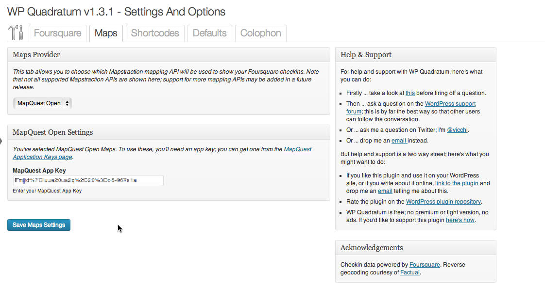 Settings and Options: Maps Tab; MapQuest Open Maps configuration