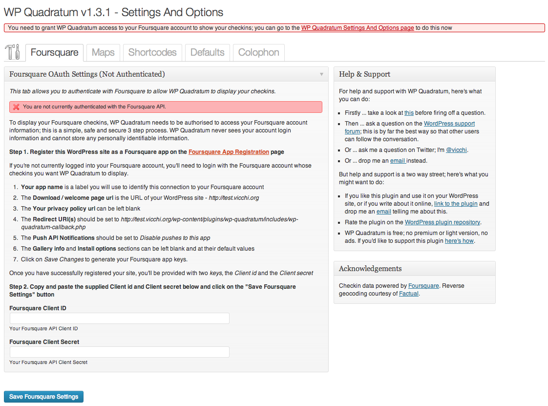 Settings and Options: Foursquare Tab; No Client ID or Client Secret entered or saved