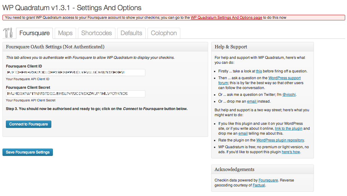 Settings and Options: Foursquare Tab; Client ID and Client Secret saved