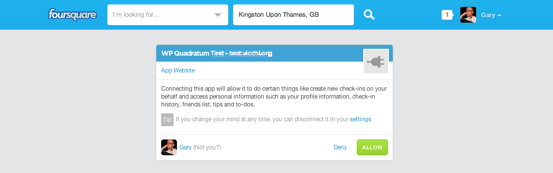 Foursquare Authentication: Allow or deny plugin access to your Foursquare account