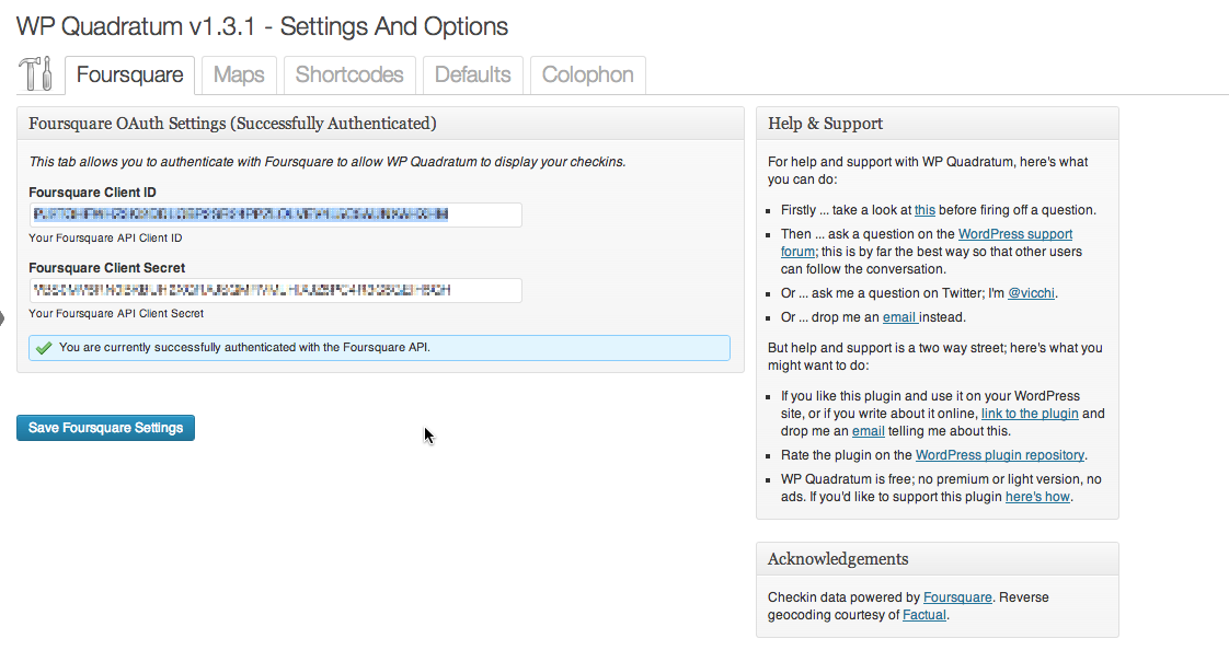 Settings and Options: Foursquare Tab; Successfully authenticated with Foursquare