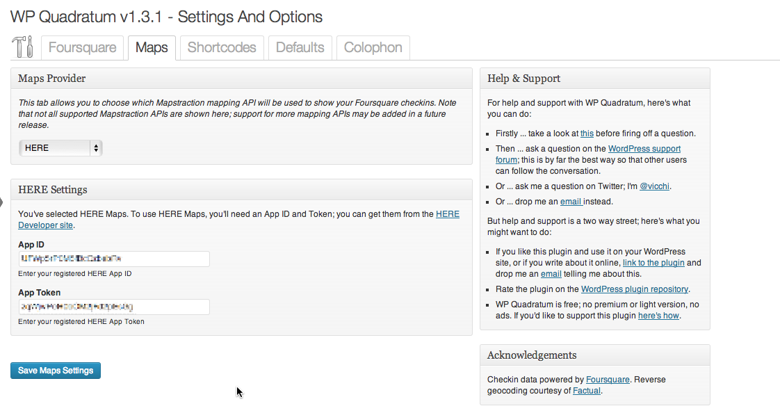 Settings and Options: Maps Tab; HERE Maps configuration