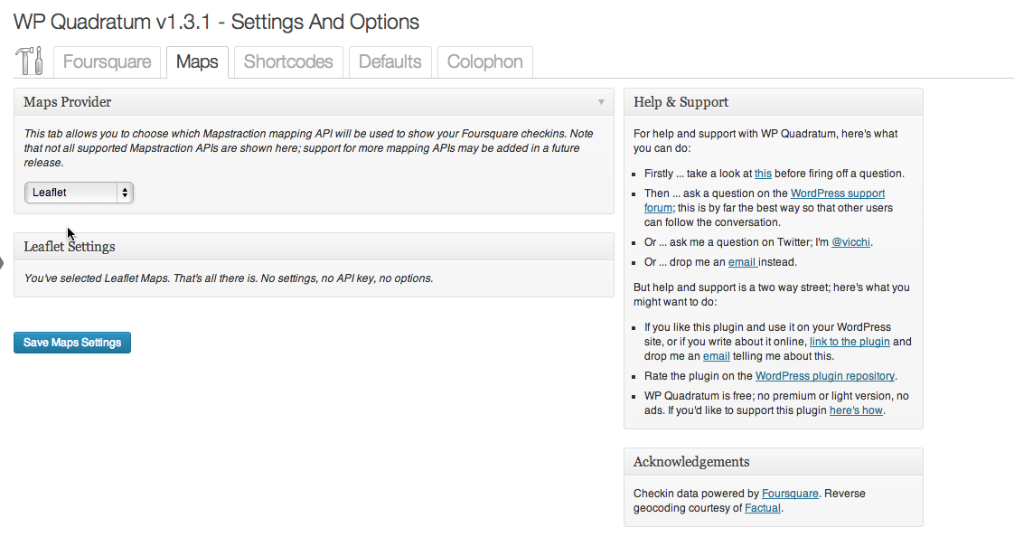 Settings and Options: Maps Tab; Leaflet Maps configuration