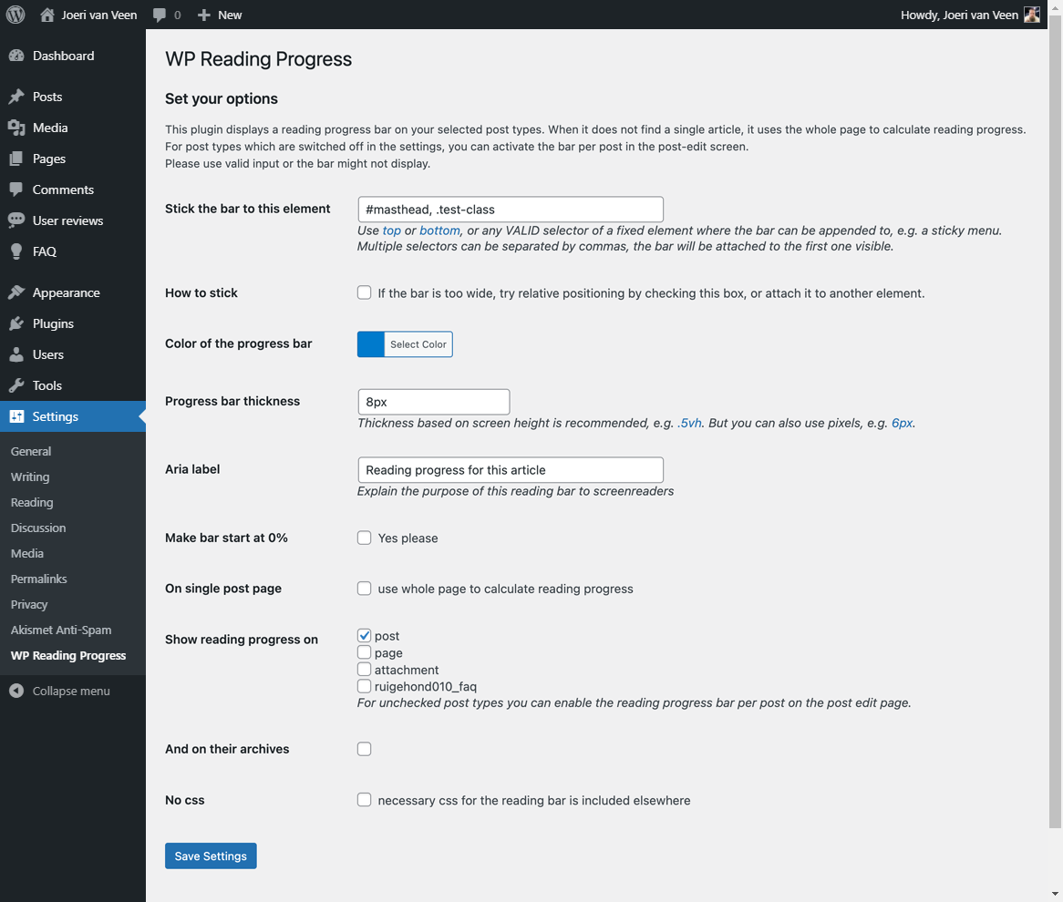 WP Reading Progress settings page