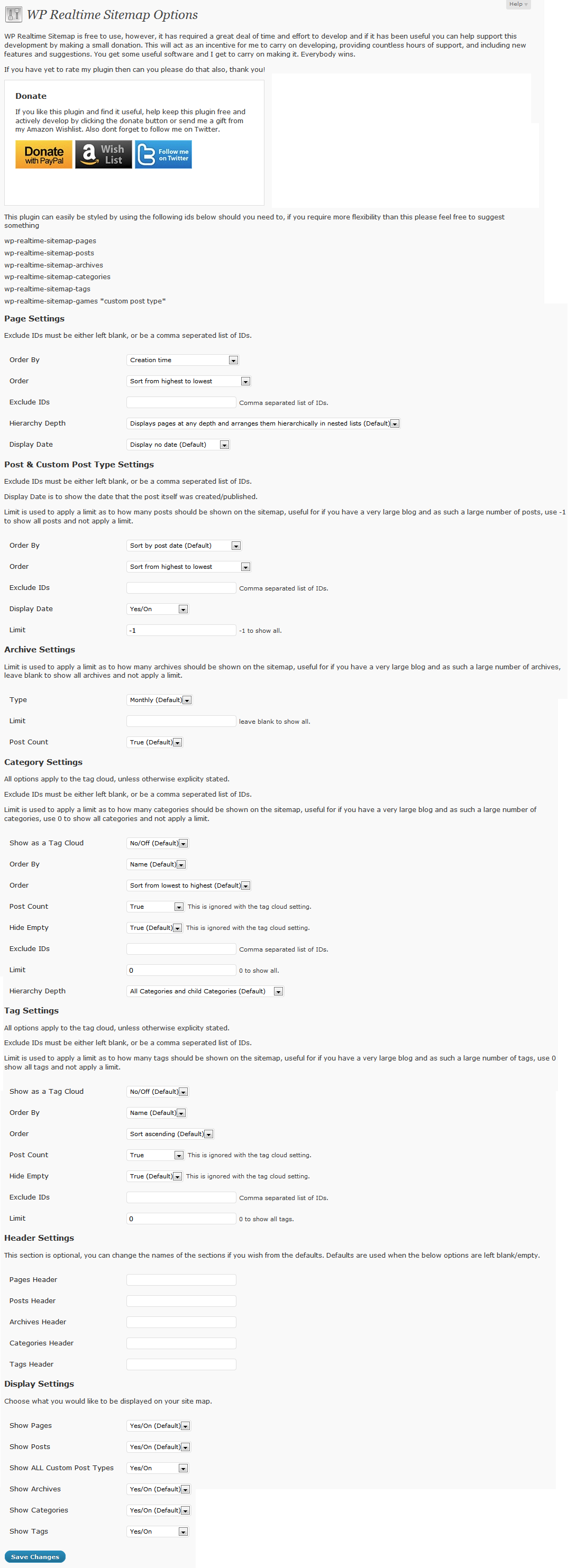 Settings page in the admin area.