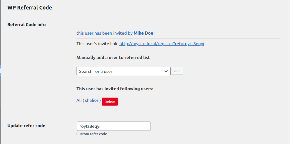 Managing referrals in User edit page