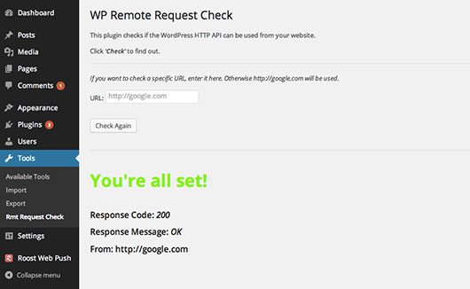 Admin page of the plugin showing a successful request