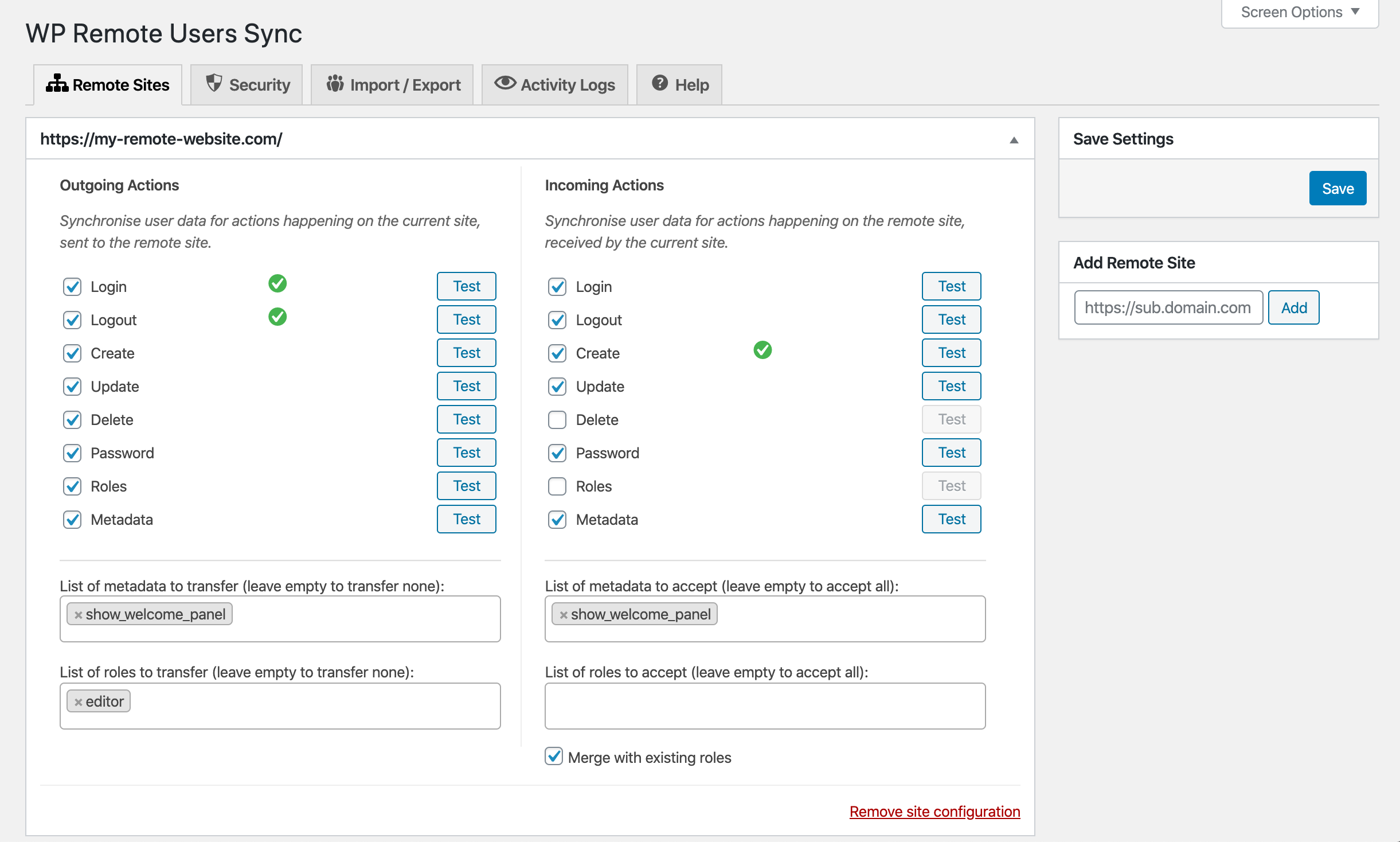 Remote Sites tab with a remote site actions settings opened