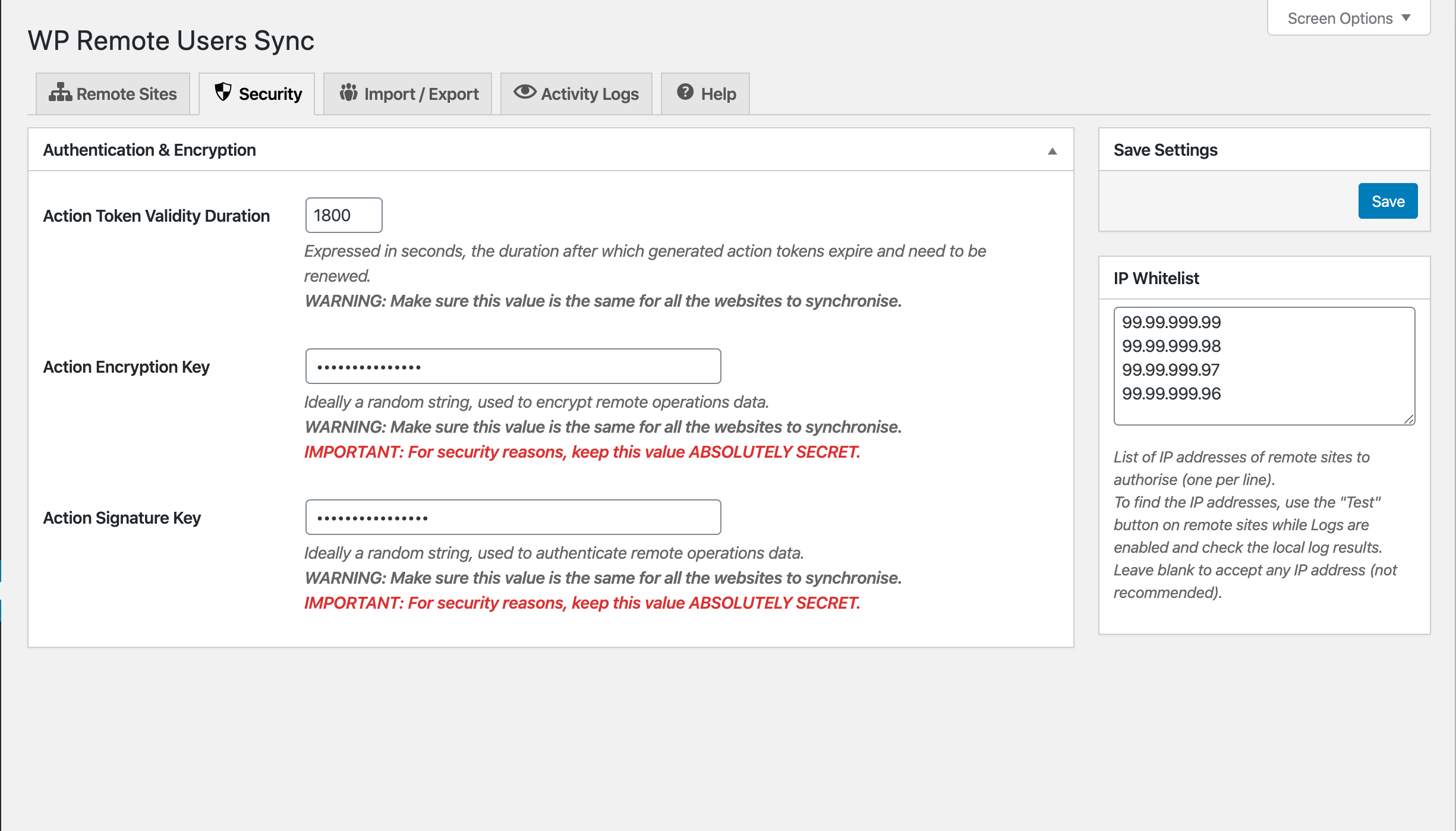 Security tab - token, encryption, signature and IP settings