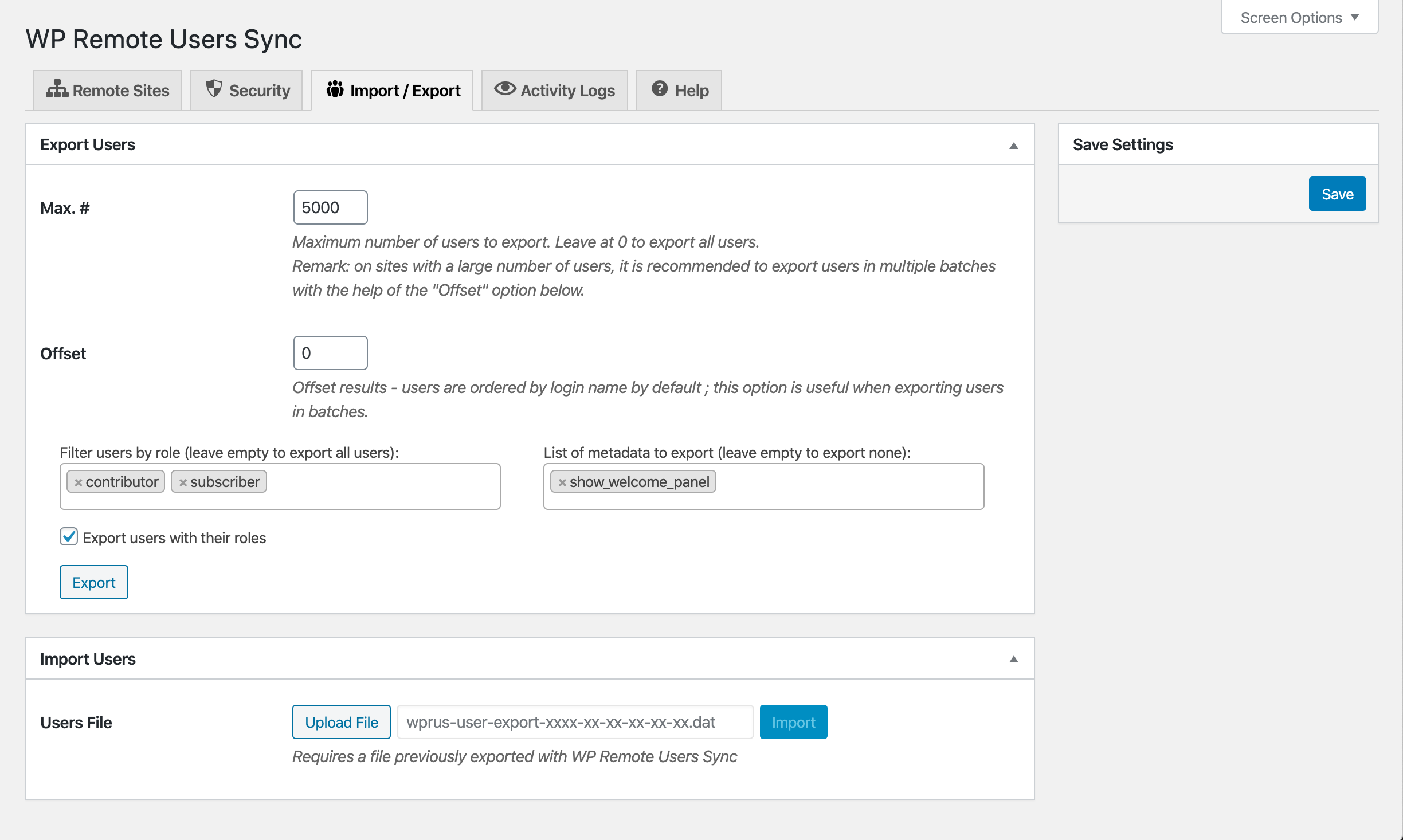 User Import/Export tab