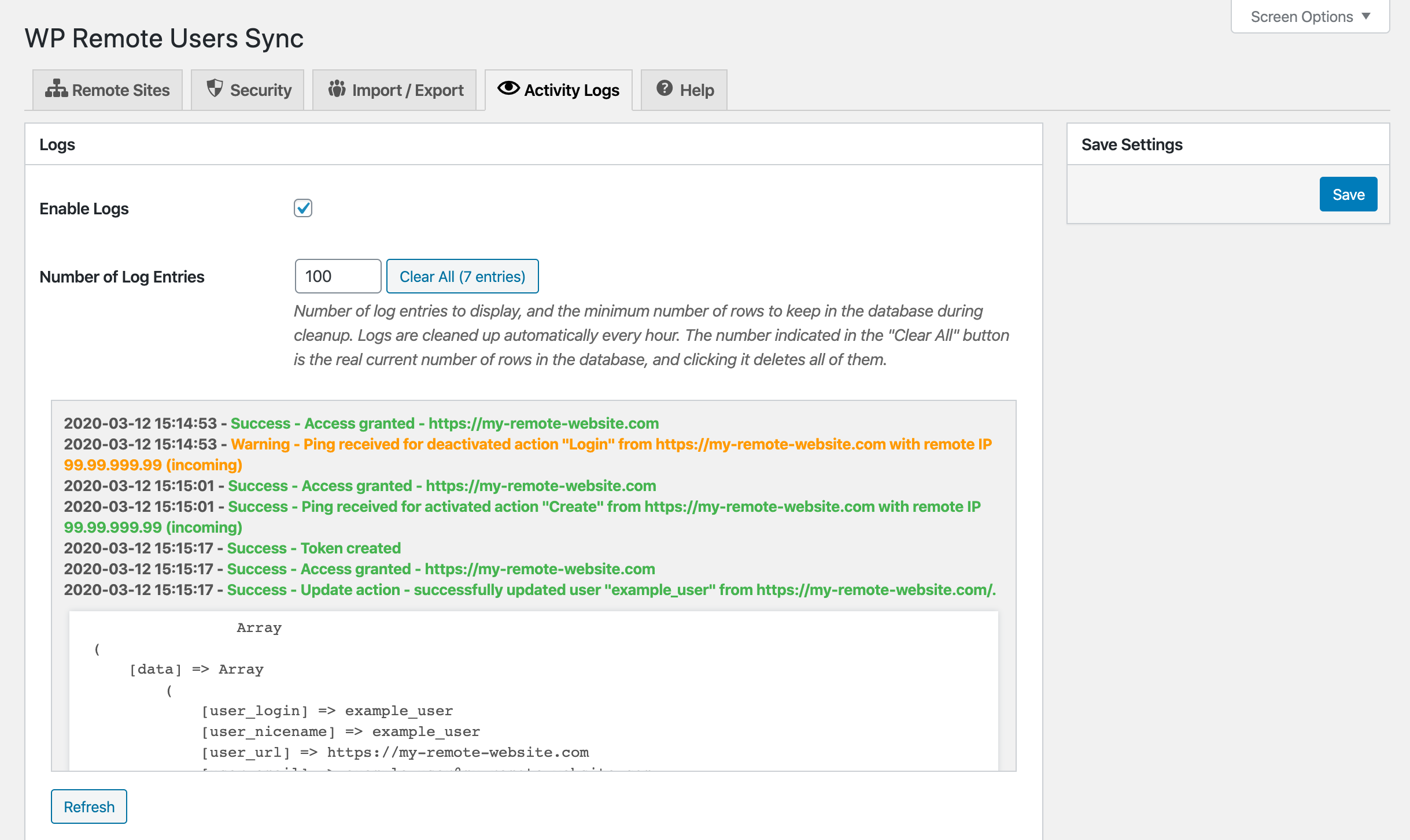 Activity Logs tabs with example of communication activity to and from a remote site