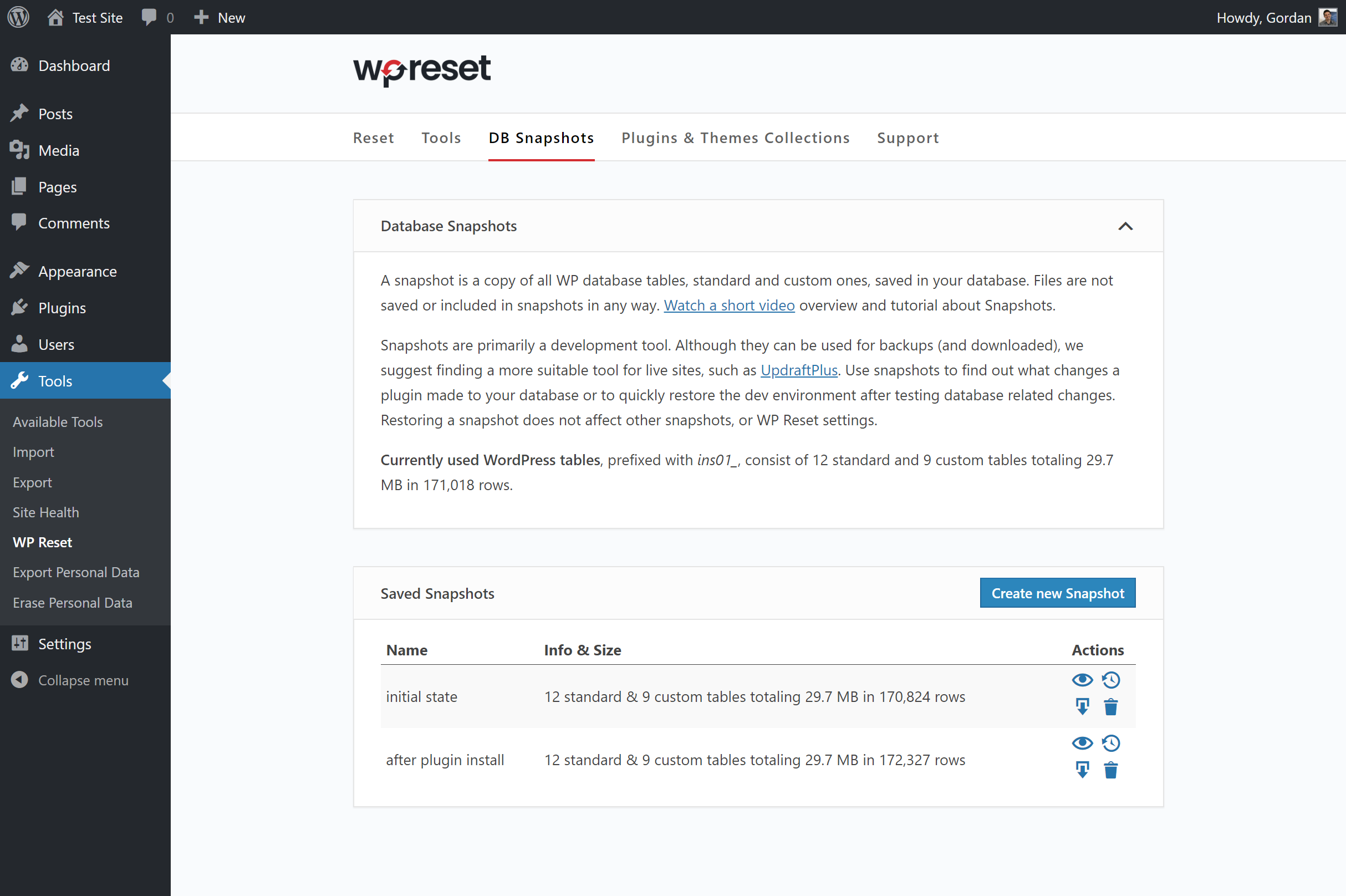 Database Snapshots enable 1-click restoring and testing