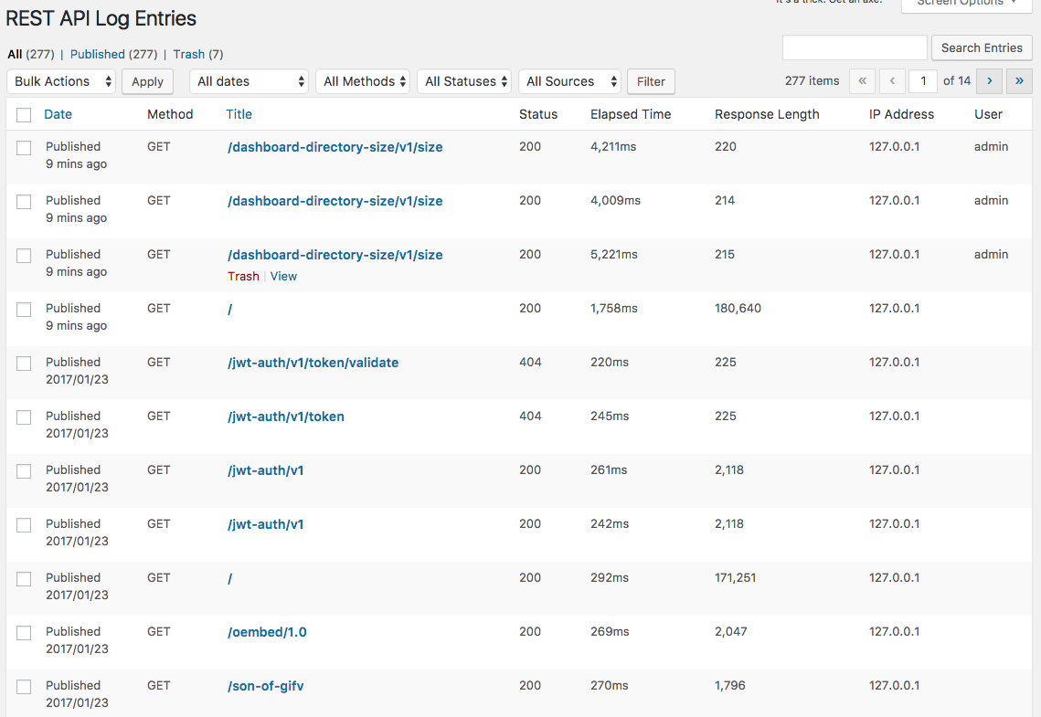 Sample list of log entries