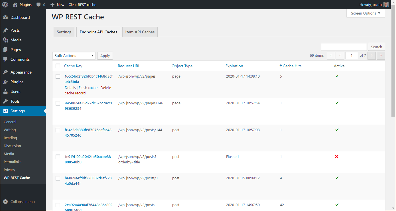 An overview of cached endpoint calls.