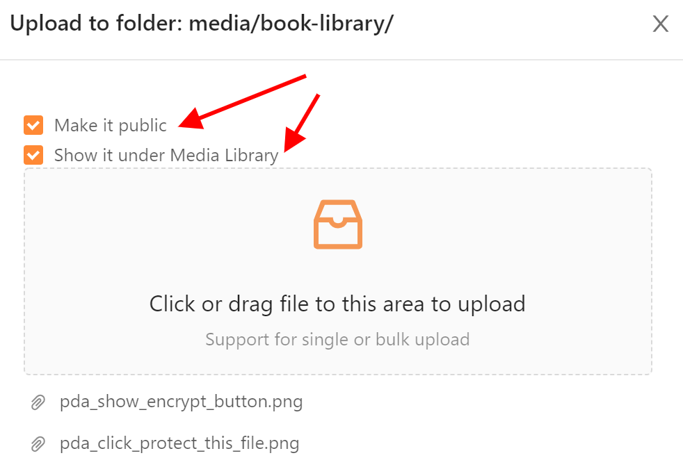 Add uploaded file to Media Library and/or make them public