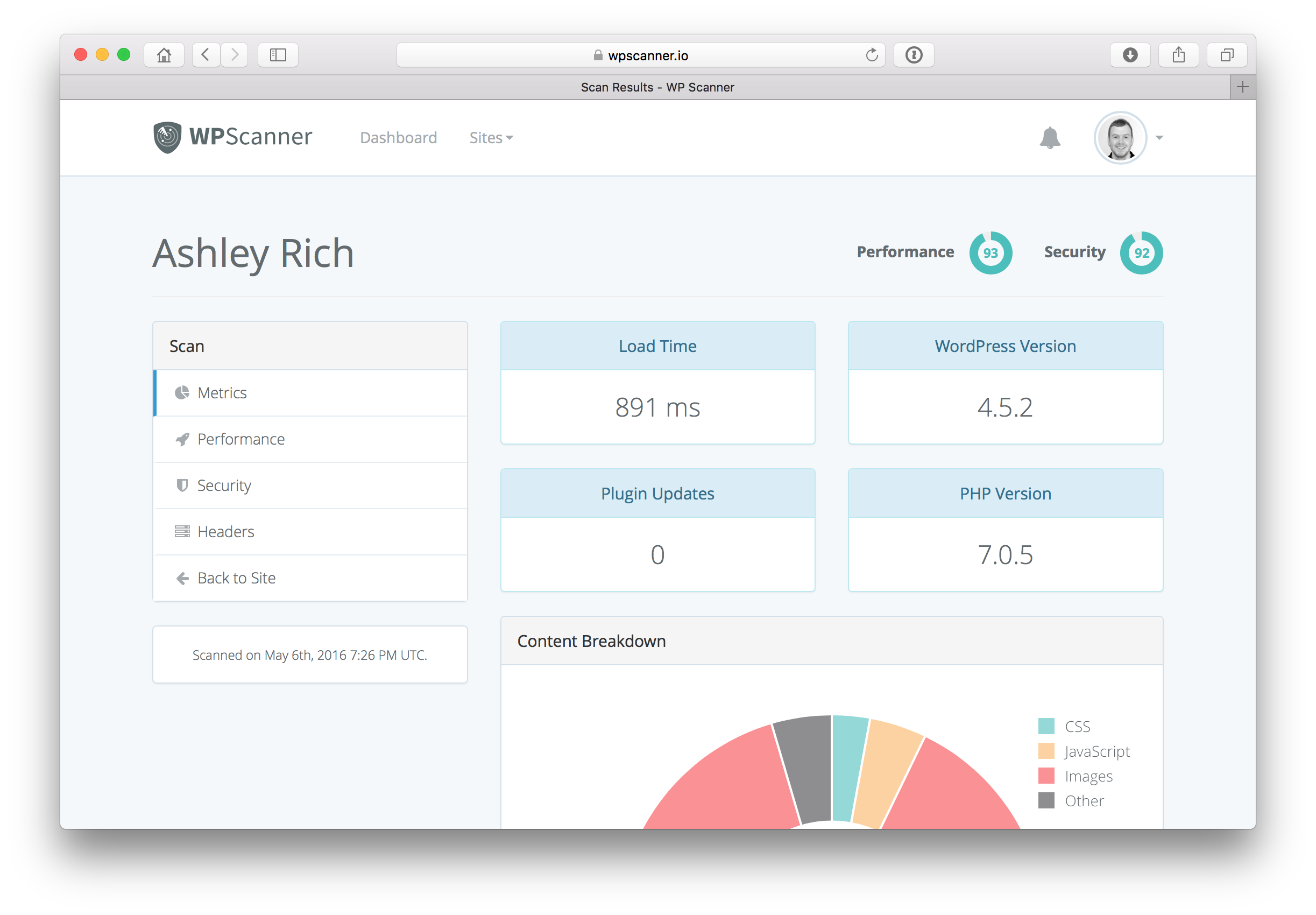 Metrics showing load time, versions and content breakdown