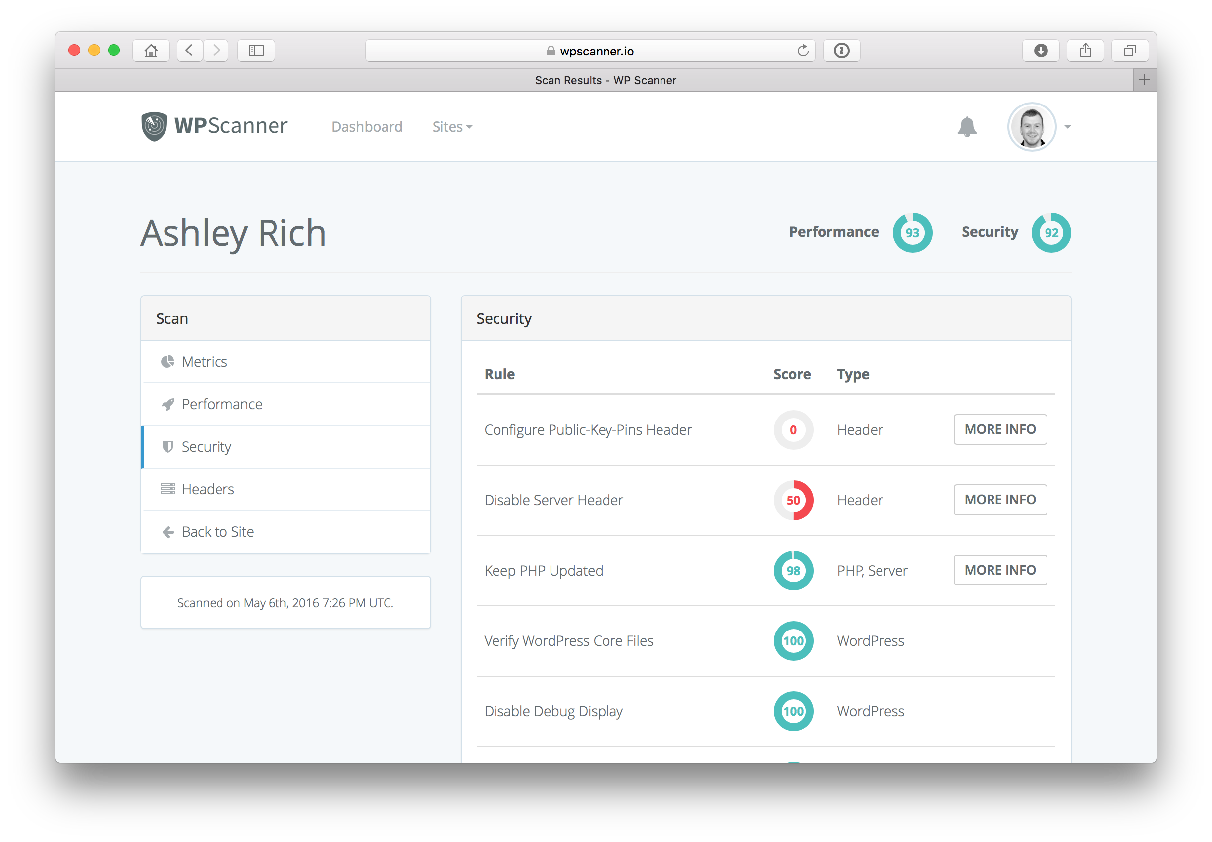 Security scores with recommendations on how to improve them