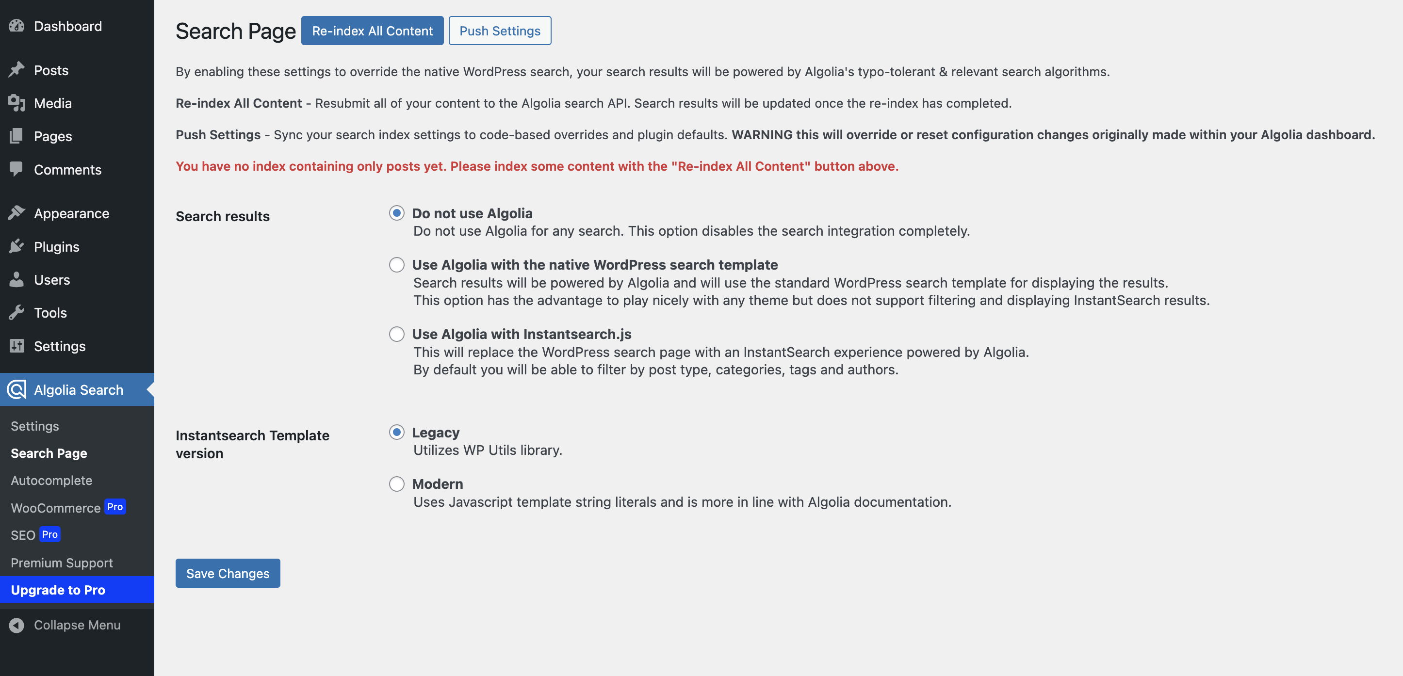 Search Page Settings