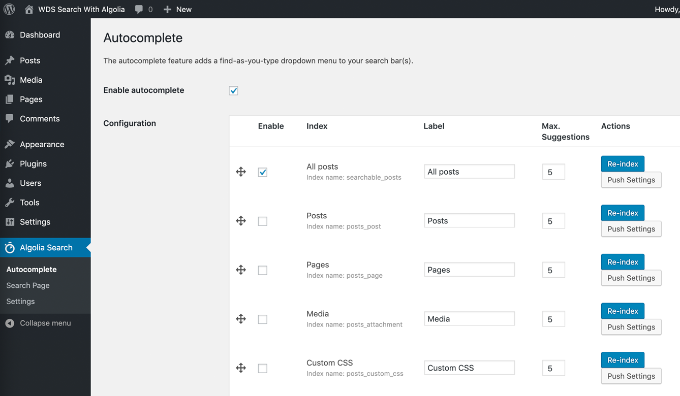 Autocomplete Settings