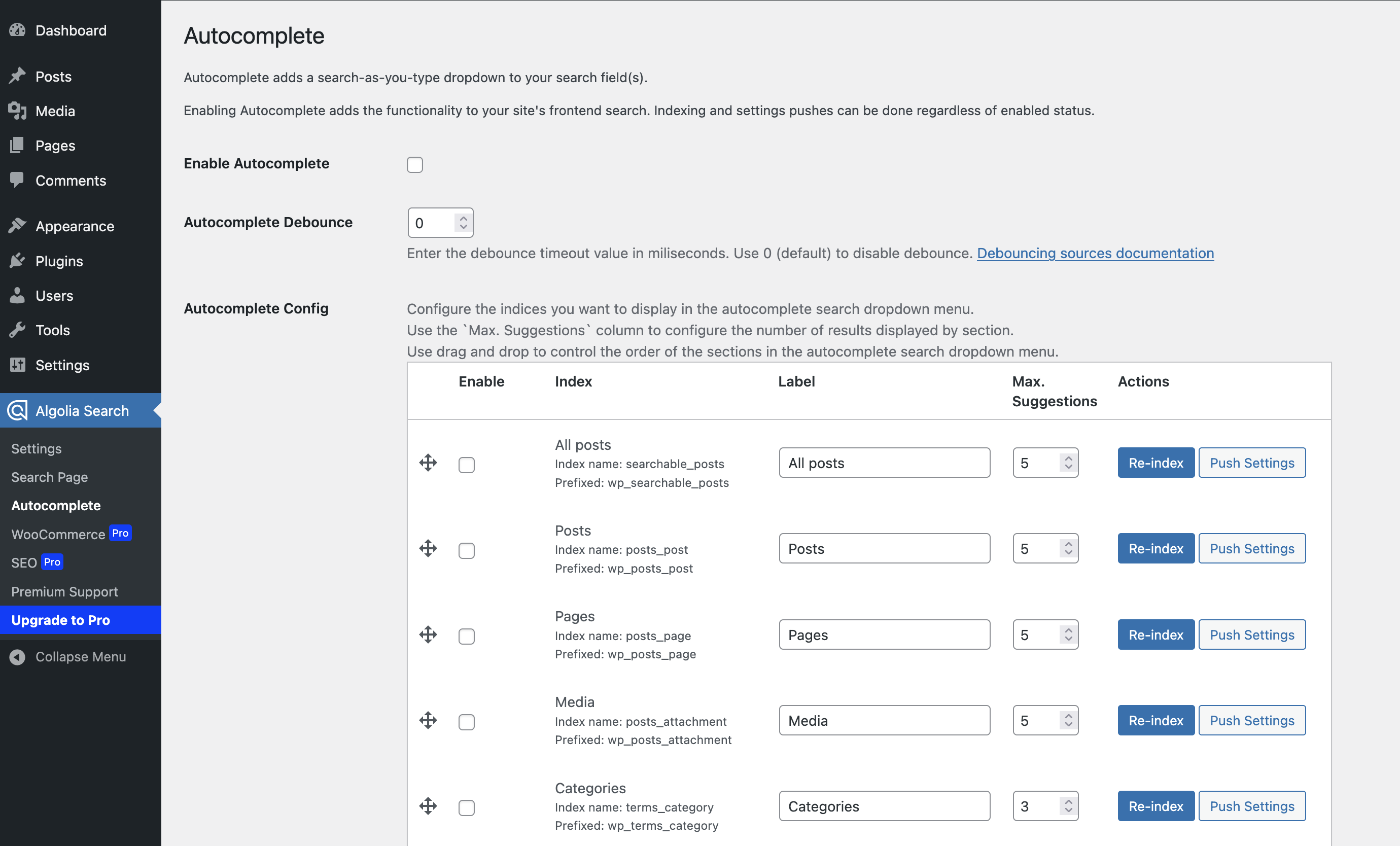 Autocomplete Settings