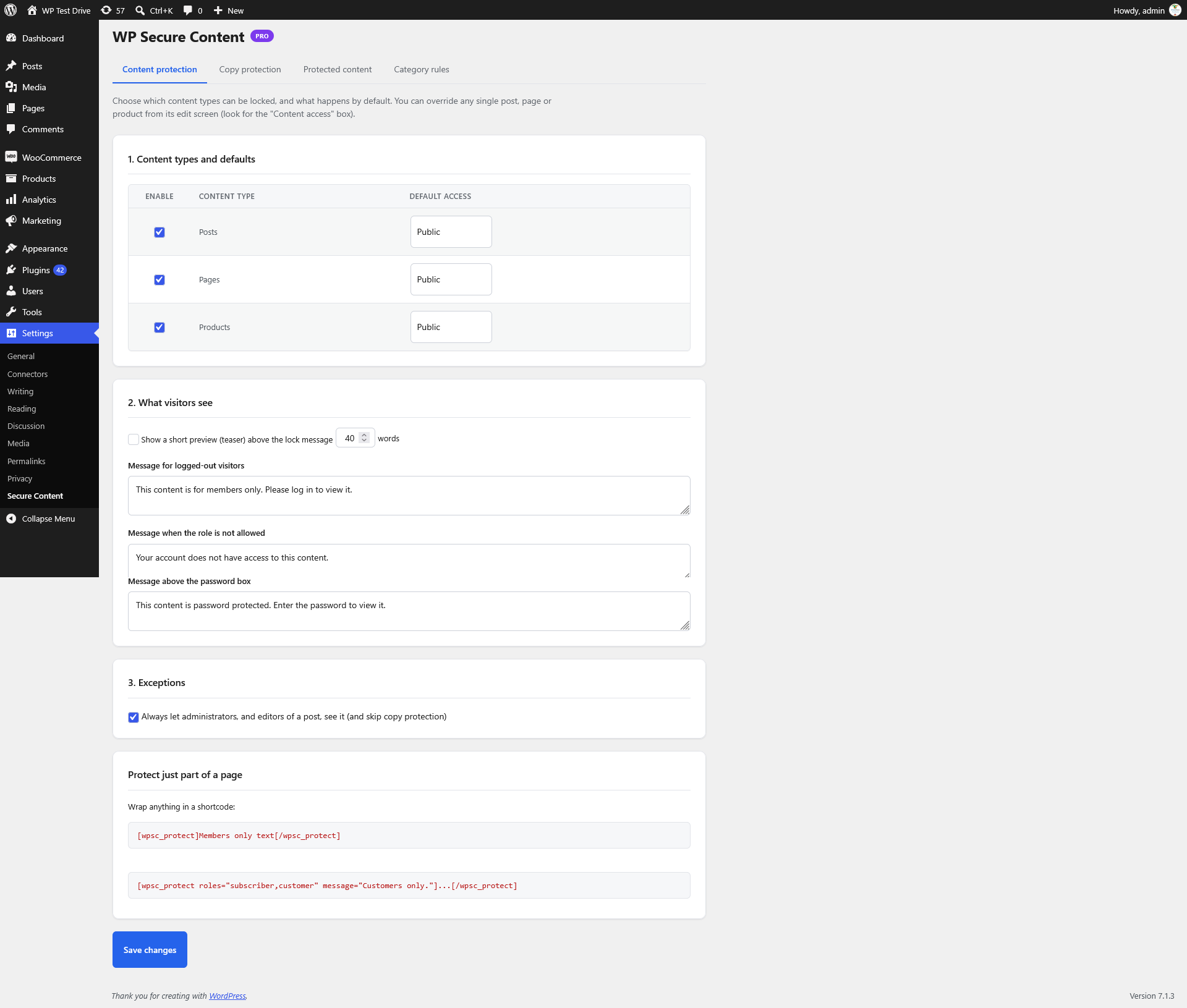 Content protection settings — content types, defaults, teaser and lock messages.