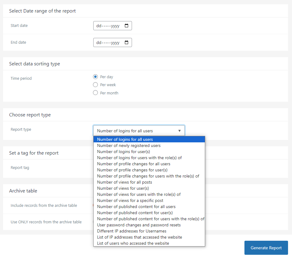 Generate any type of statistics reports from the actiivty log with the Premium edition. You can see statistics such as number of newly registered users, number of user profile changes, number of logins, different IP addresses per user, and much more.