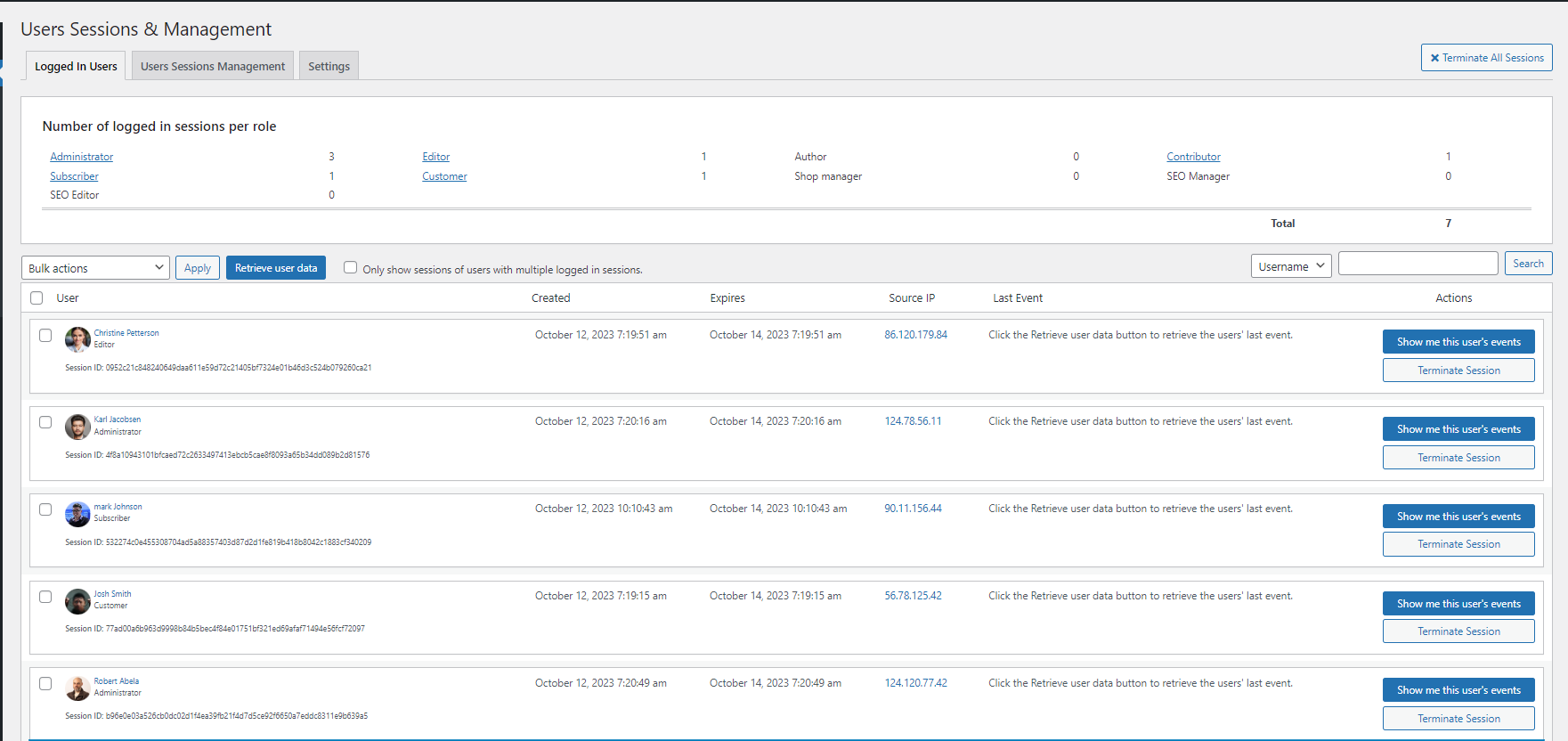 See who is logged in to your WordPress and manage users sessions with Users Sessions Management in the Premium edition.