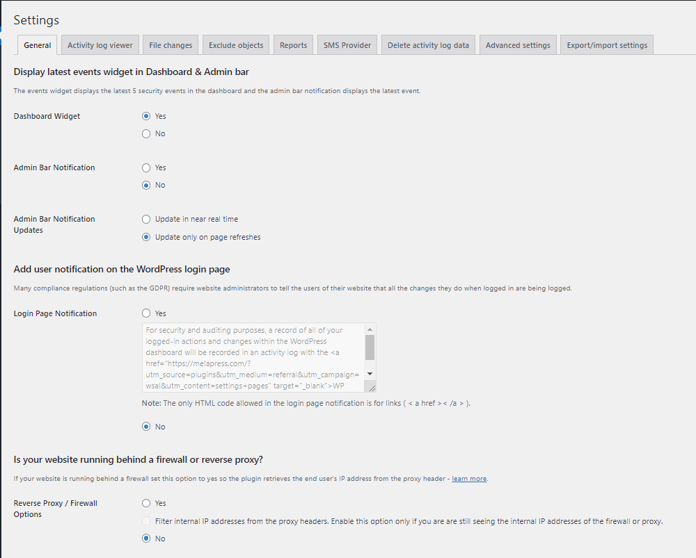 The plugin settings from where site administrator can configure generic plugin settings such as <a href="https://melapress.com/support/kb/wp-activity-log-support-reverse-proxies-web-application-firewalls/?utm_source=wp+repo&amp;utm_medium=repo+link&amp;utm_campaign=wordpress_org&amp;utm_content=wsal">reverse proxy support</a>, who can manage the plugin etc.