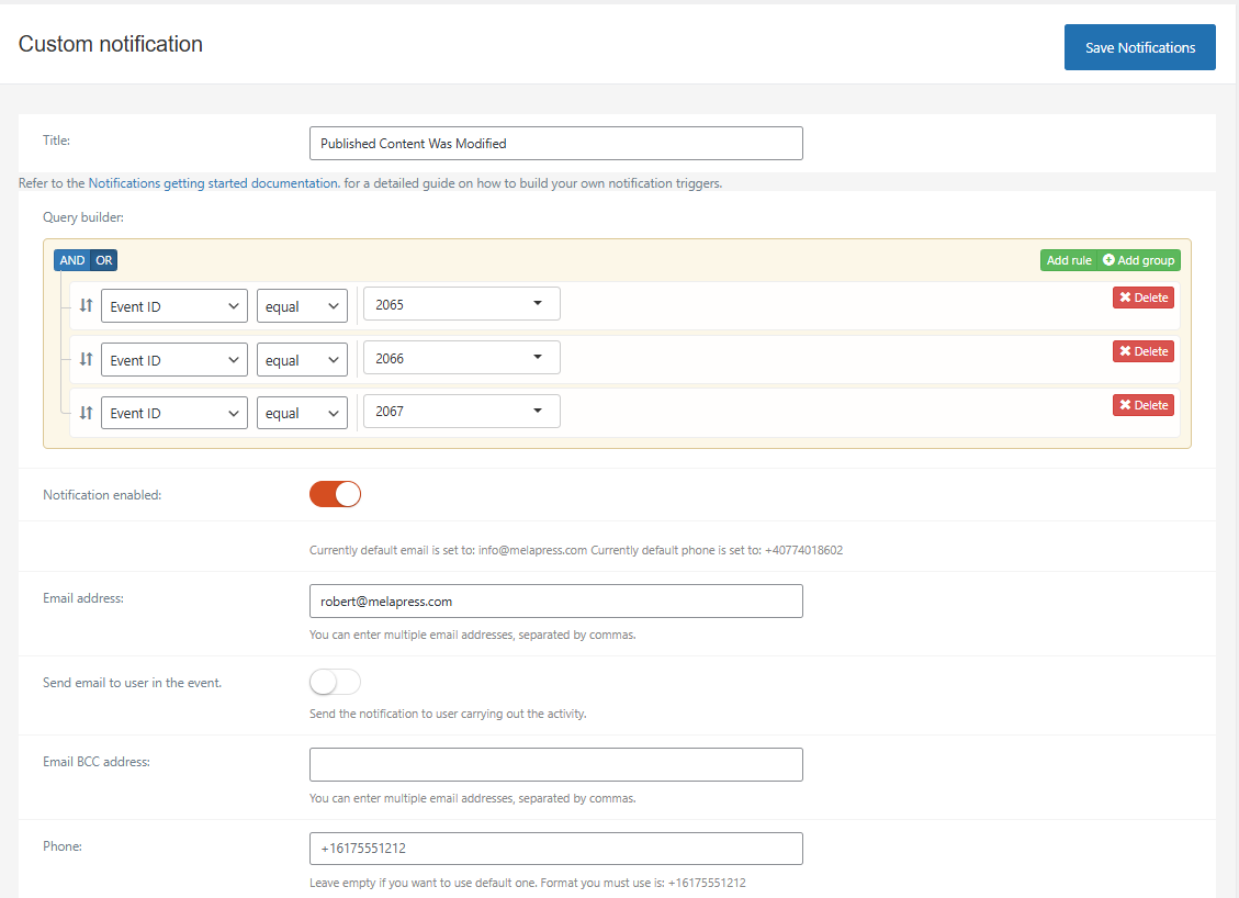 Configuring WordPress email and instant SMS alerts with the Email & SMS Notifications module in the Premium edition.