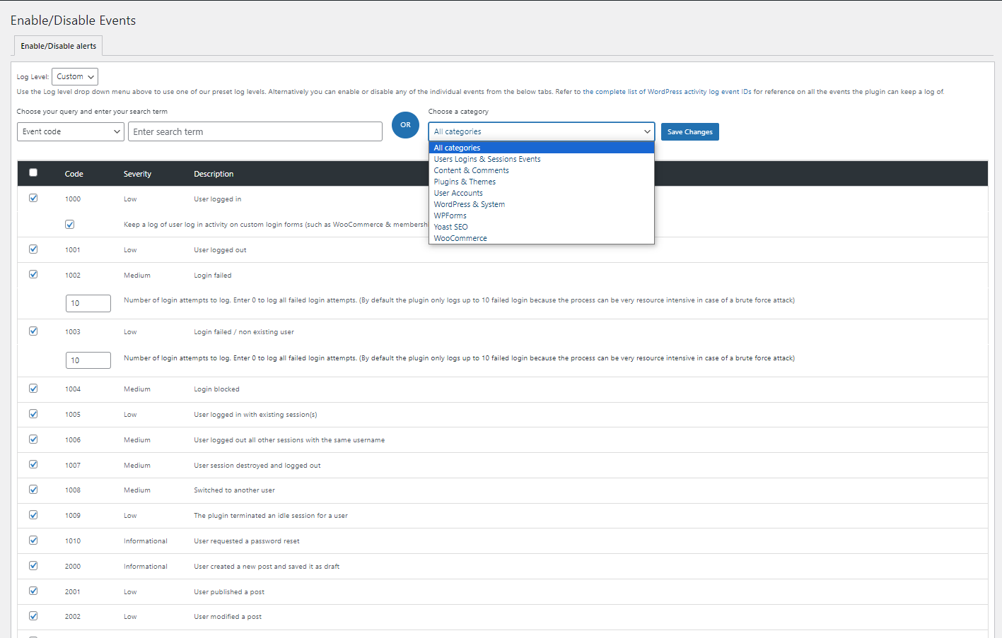 The Enable/Disable events section from where Administrators can disable or enable activity log events.