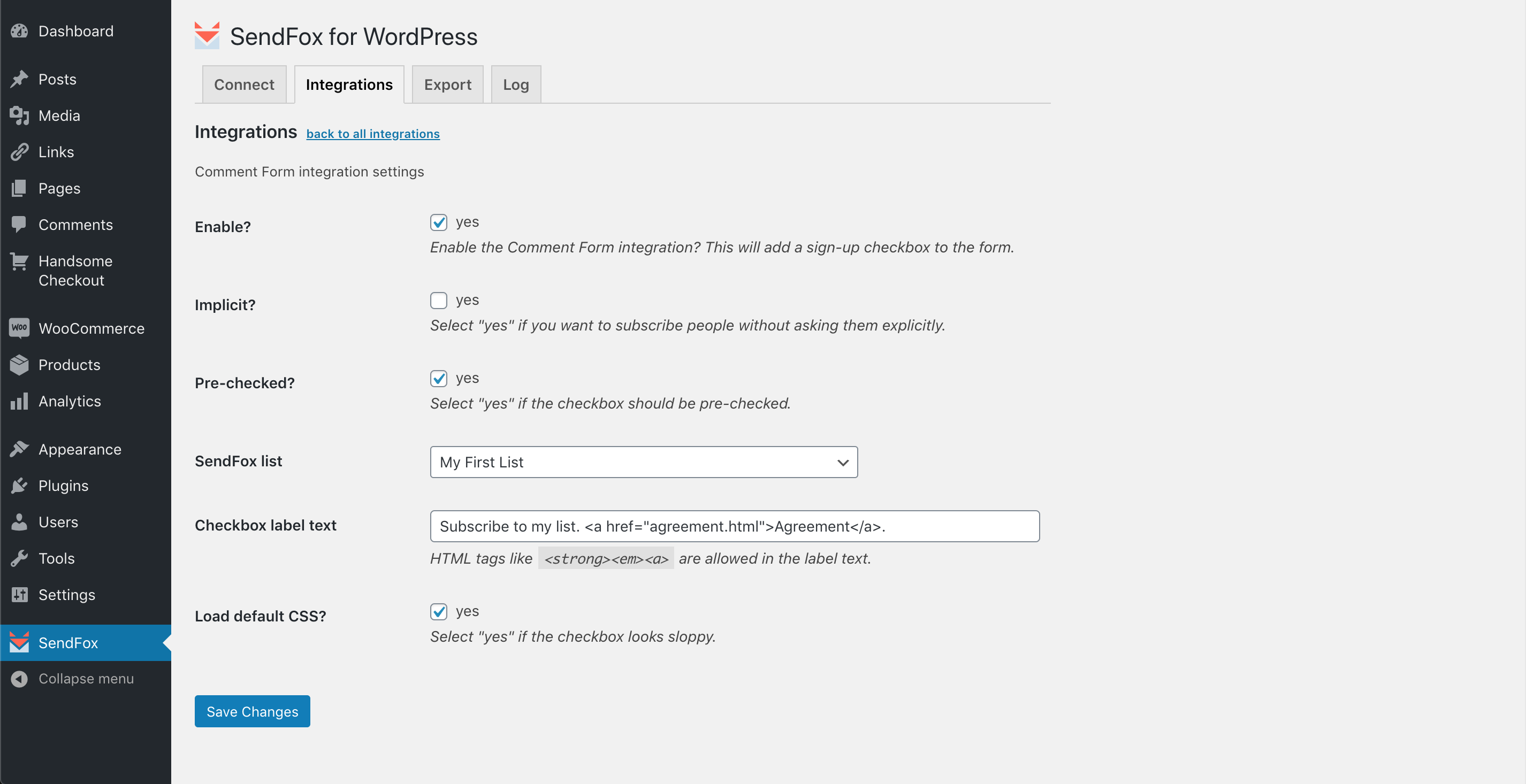 Comment Form integration screen. Capture emails of those who comments on your site.