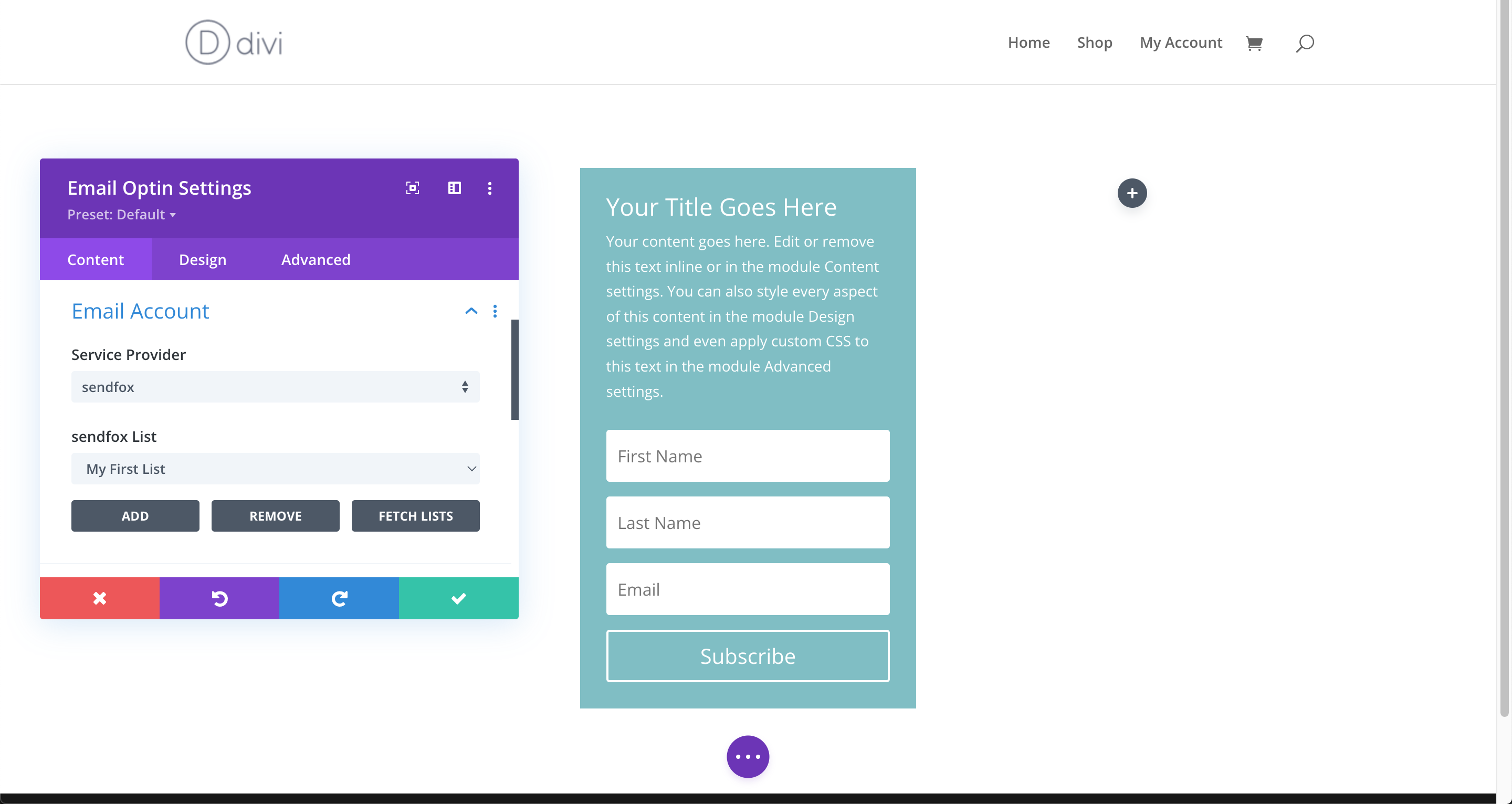 Divi Builder. SendFox added to the list of email providers in Divi Email Optin block.