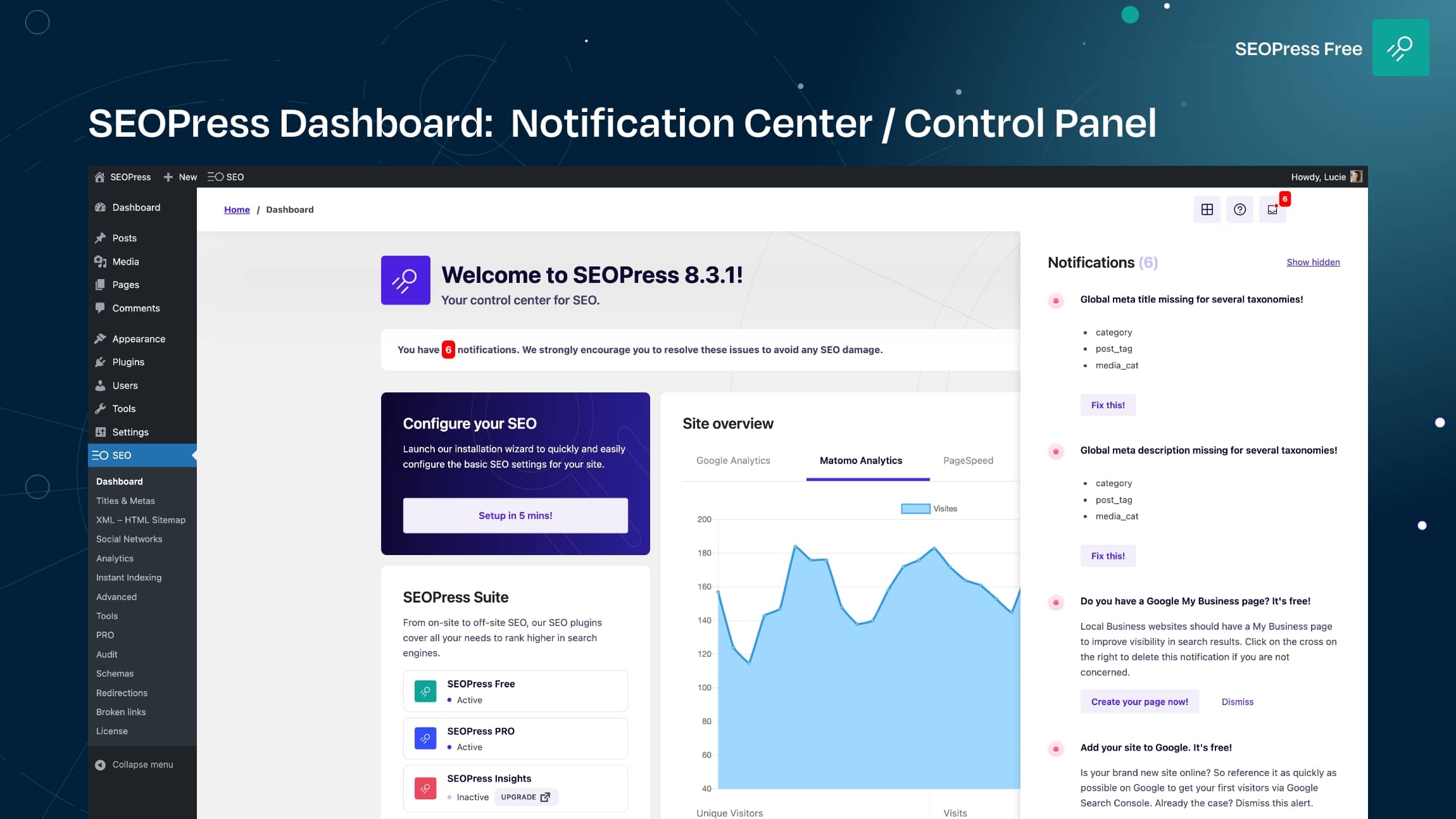 SEOPress Dashboard: notification center / control panel