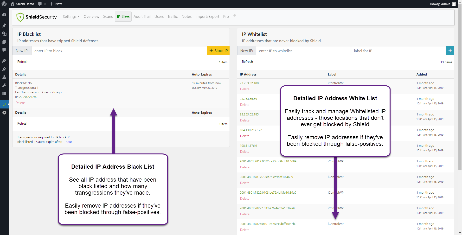 IP Whitelist and Blacklists lets you manage access and blocks on your site with ease.