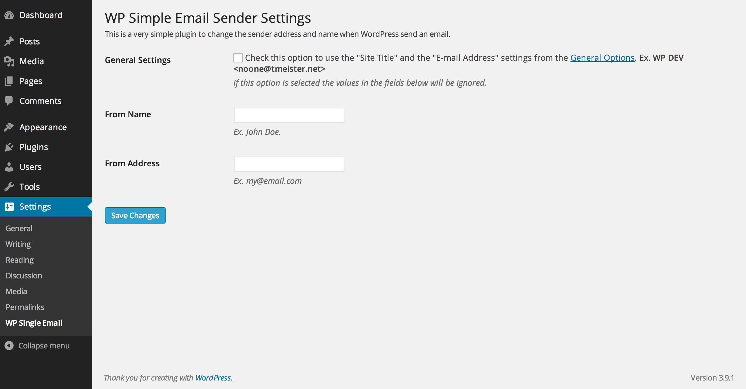WP Single Email Sender Settings Page