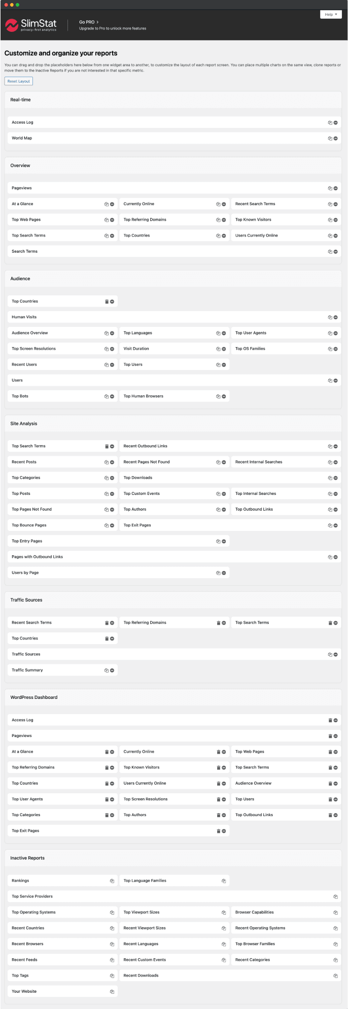 <strong>Customize widgets</strong> - Allows you to customize the analytics widgets that are displayed in your Slimstat dashboard