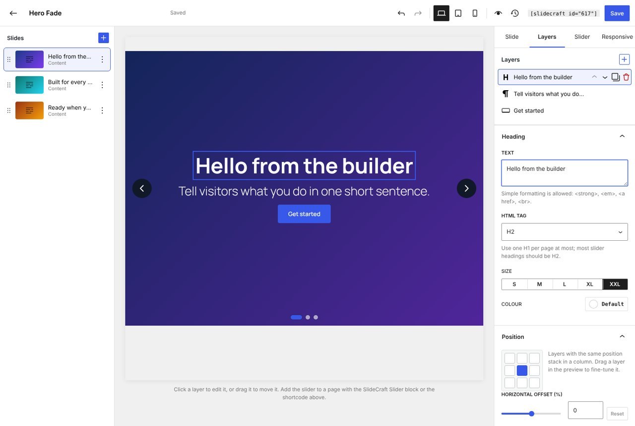 The builder: slide list, live preview and settings. Click a layer to edit it, or drag it to move it.