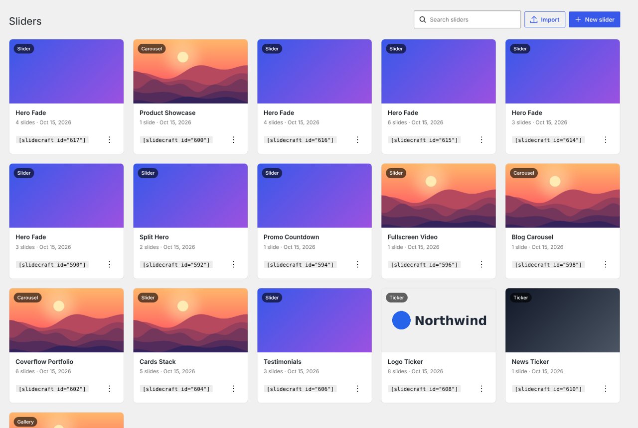 Your slider library, with the shortcode for each slider.