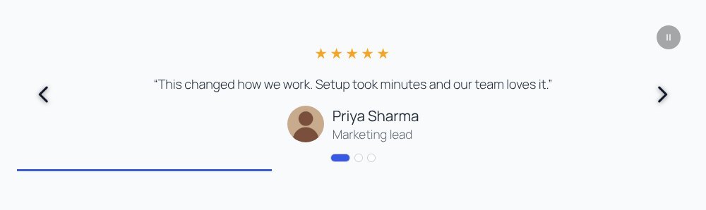 Testimonials with photo, name and star rating.