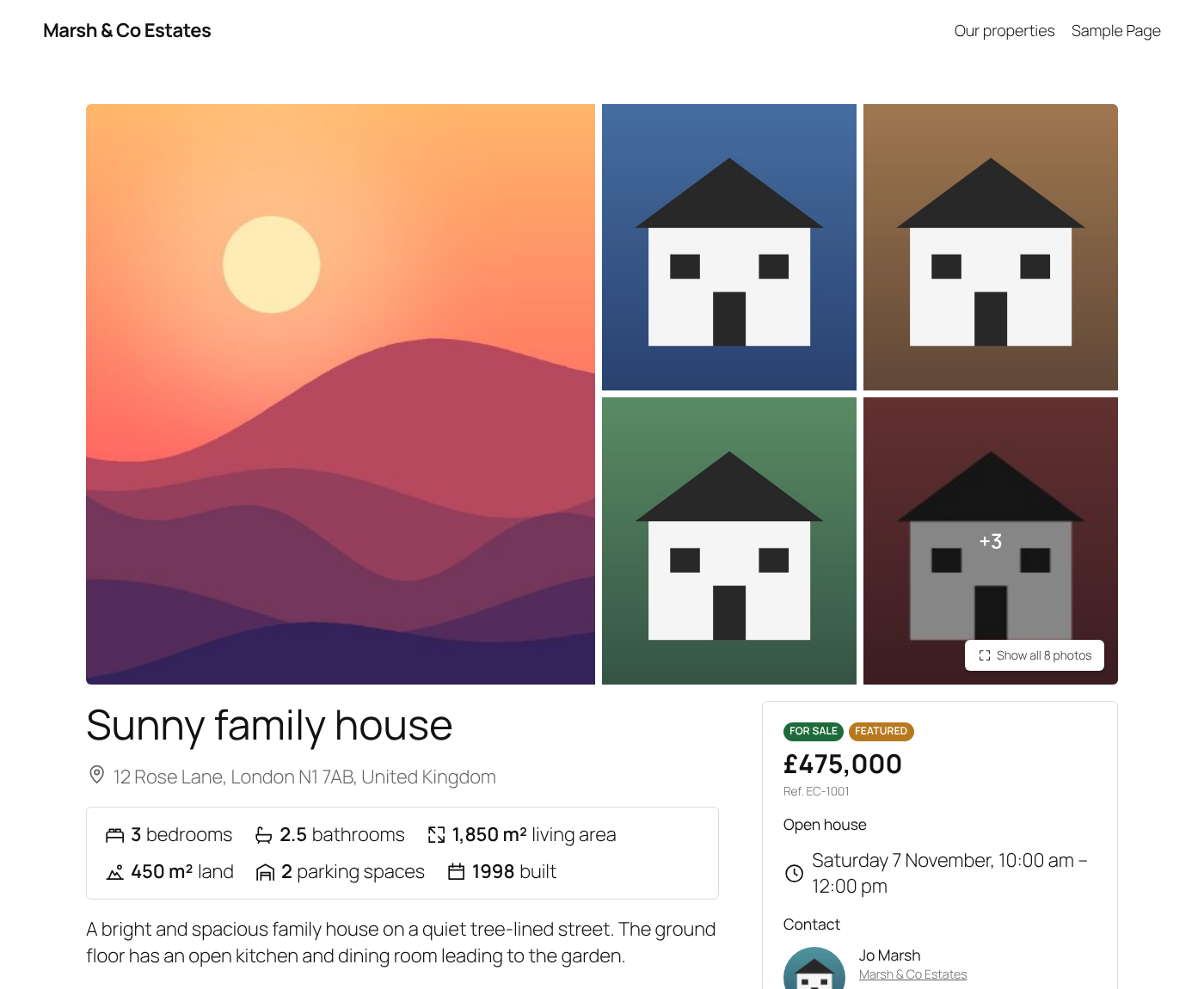 A property page: gallery, price, key facts, details, floor plans and the agent's contact details.