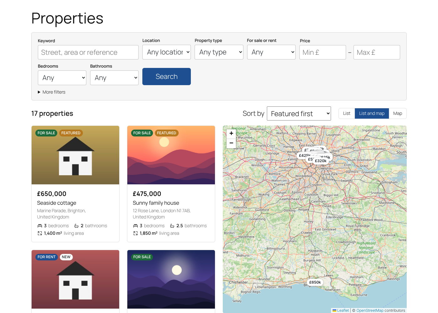 Search with filters, results and the map side by side.
