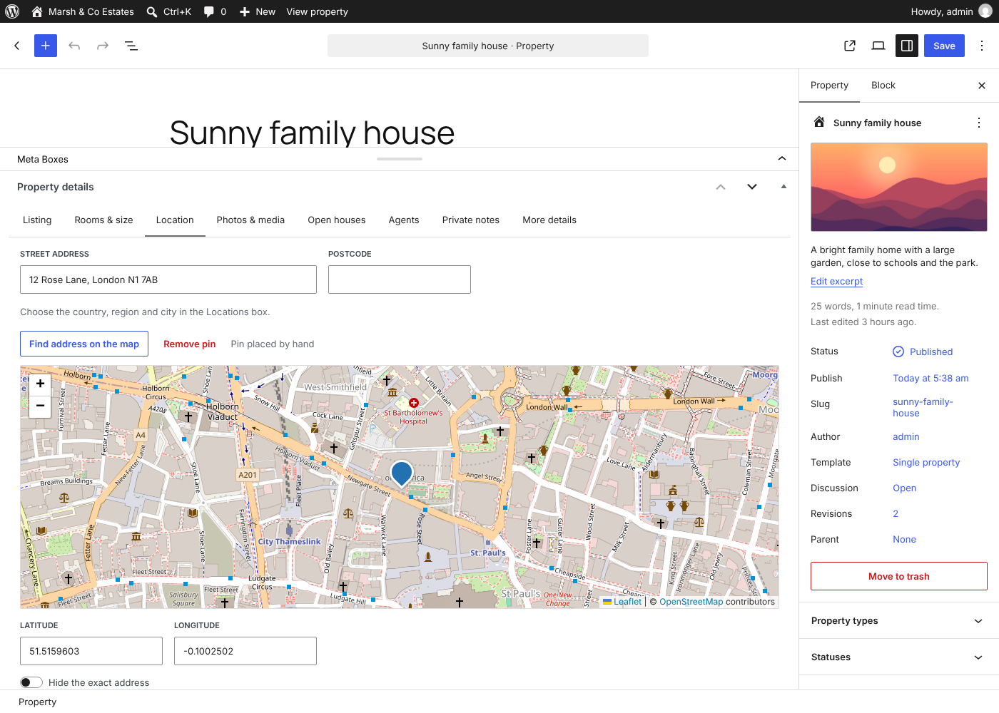 The property details editor in wp-admin.