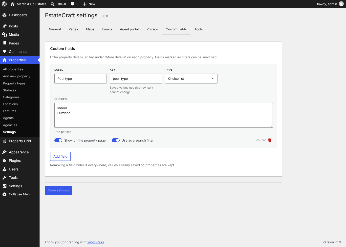 Settings, including the custom fields builder.