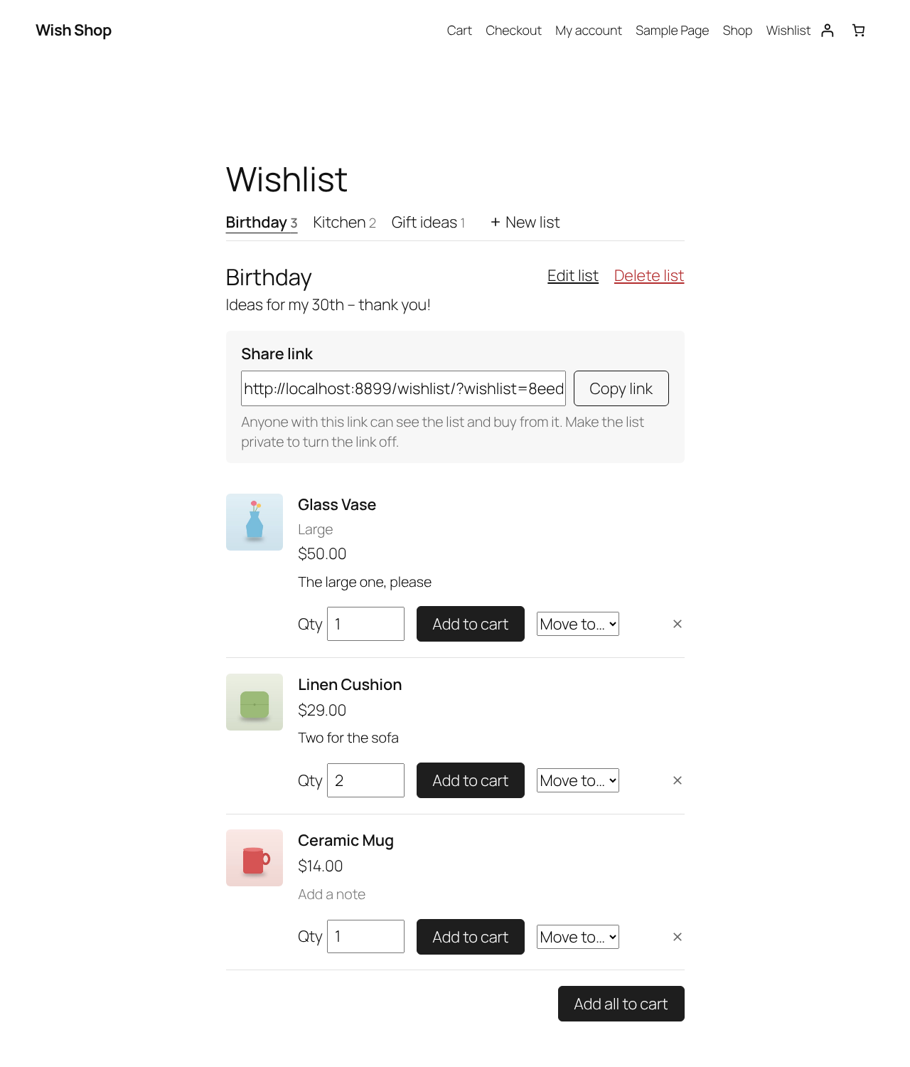 The wishlist page with lists, quantities, notes and add to cart.