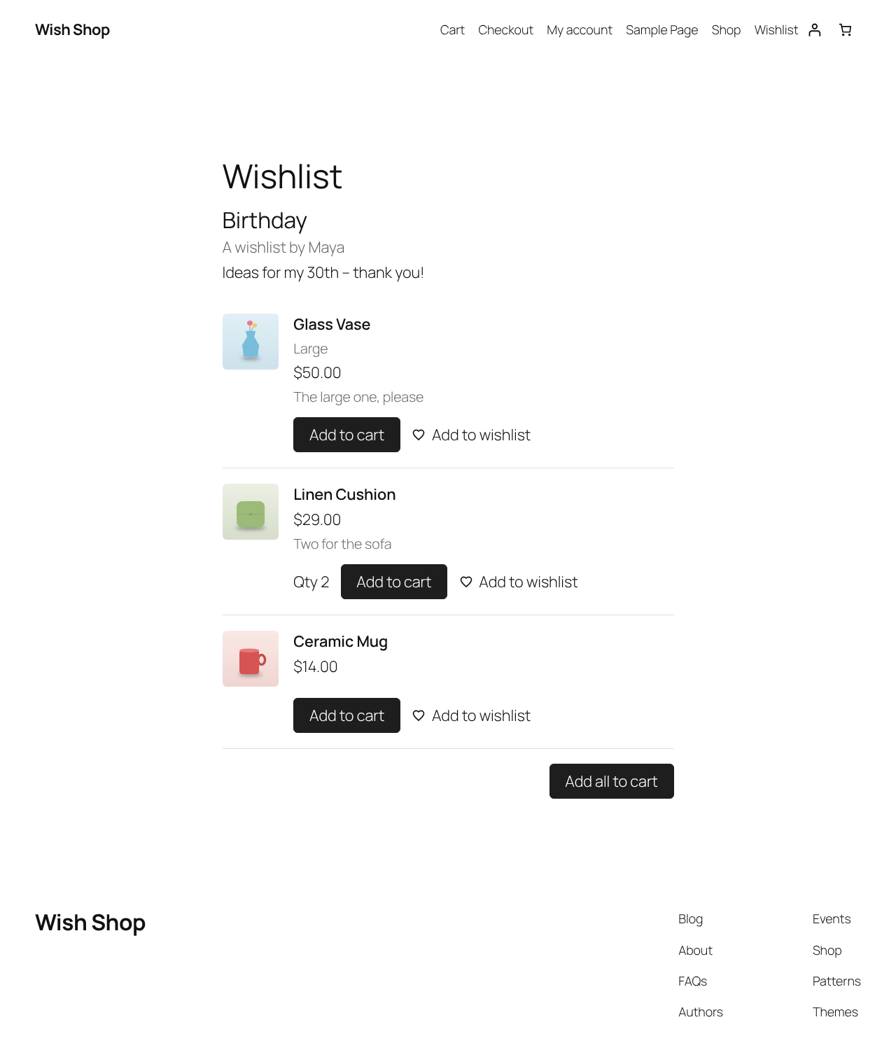 A wishlist opened through its share link, ready to buy from.