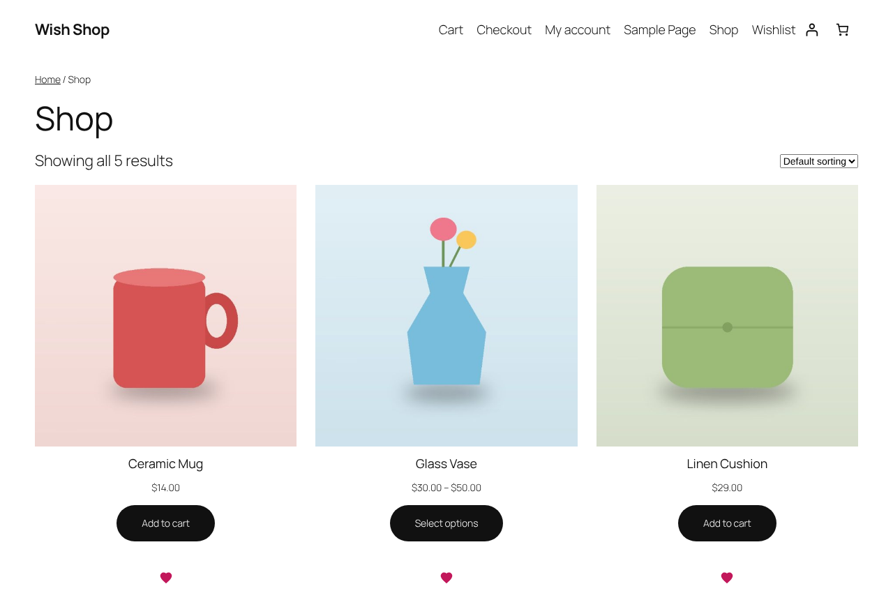 Hearts on product cards in the shop.