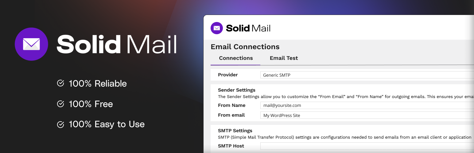 WordPress 外掛 Solid Mail – SMTP email and logging made by SolidWP 的封面圖片。