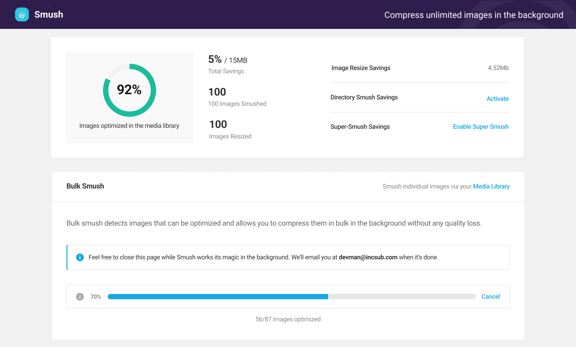 Watch as Smush optimizes your media library to reduce page load and save you storage space.