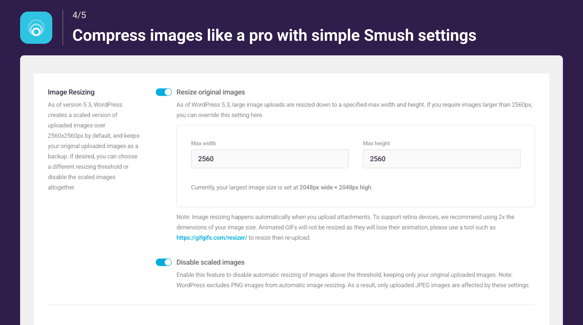 Compress images like a pro with single Smush settings.