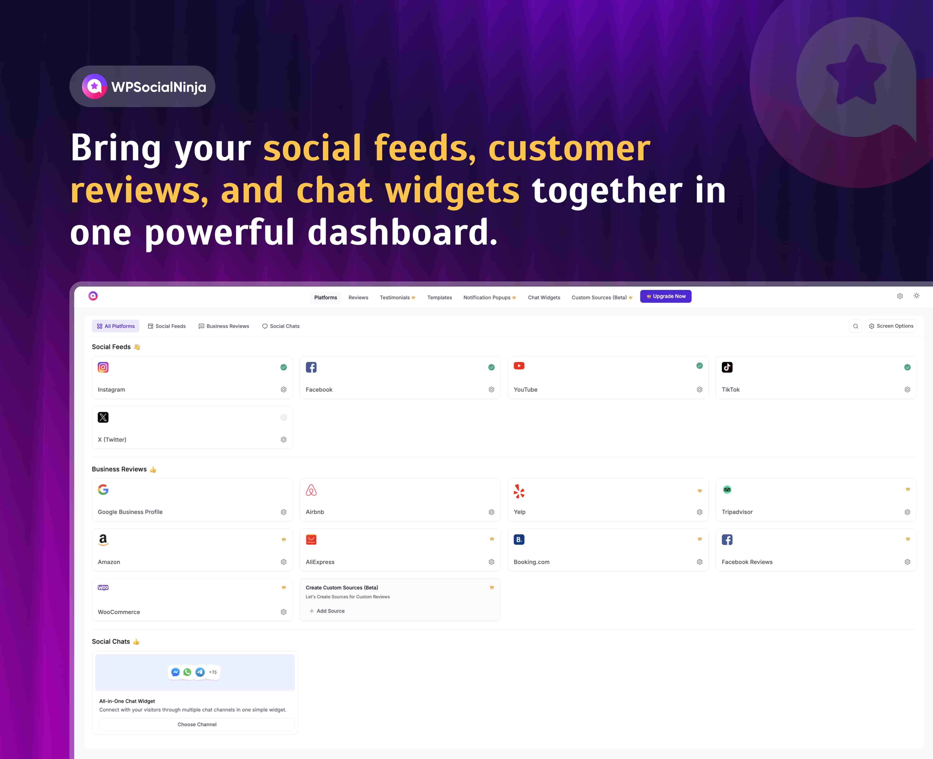 Embed social feeds, reviews, chat widgets & more